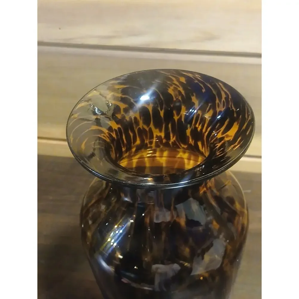 Vintage Murano Style Tortoiseshell Glass Vase Hand Blown Amber Brown MCM 12